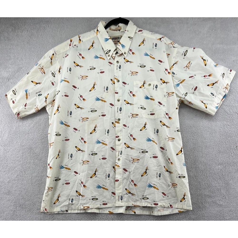 VTG Campia Moda Shirt Mens Sz XL White Fishing Lure Short Sleeve Button Up Camp
